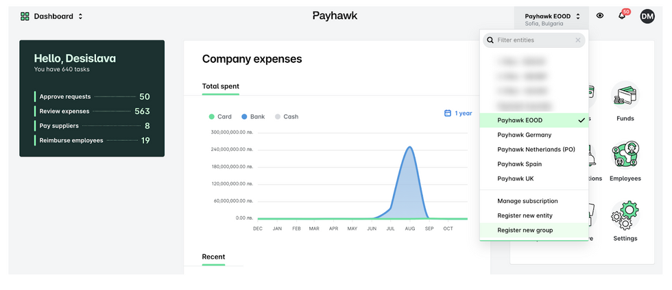 Captura de pantalla del panel de gestión multi-entidad de Payhawk